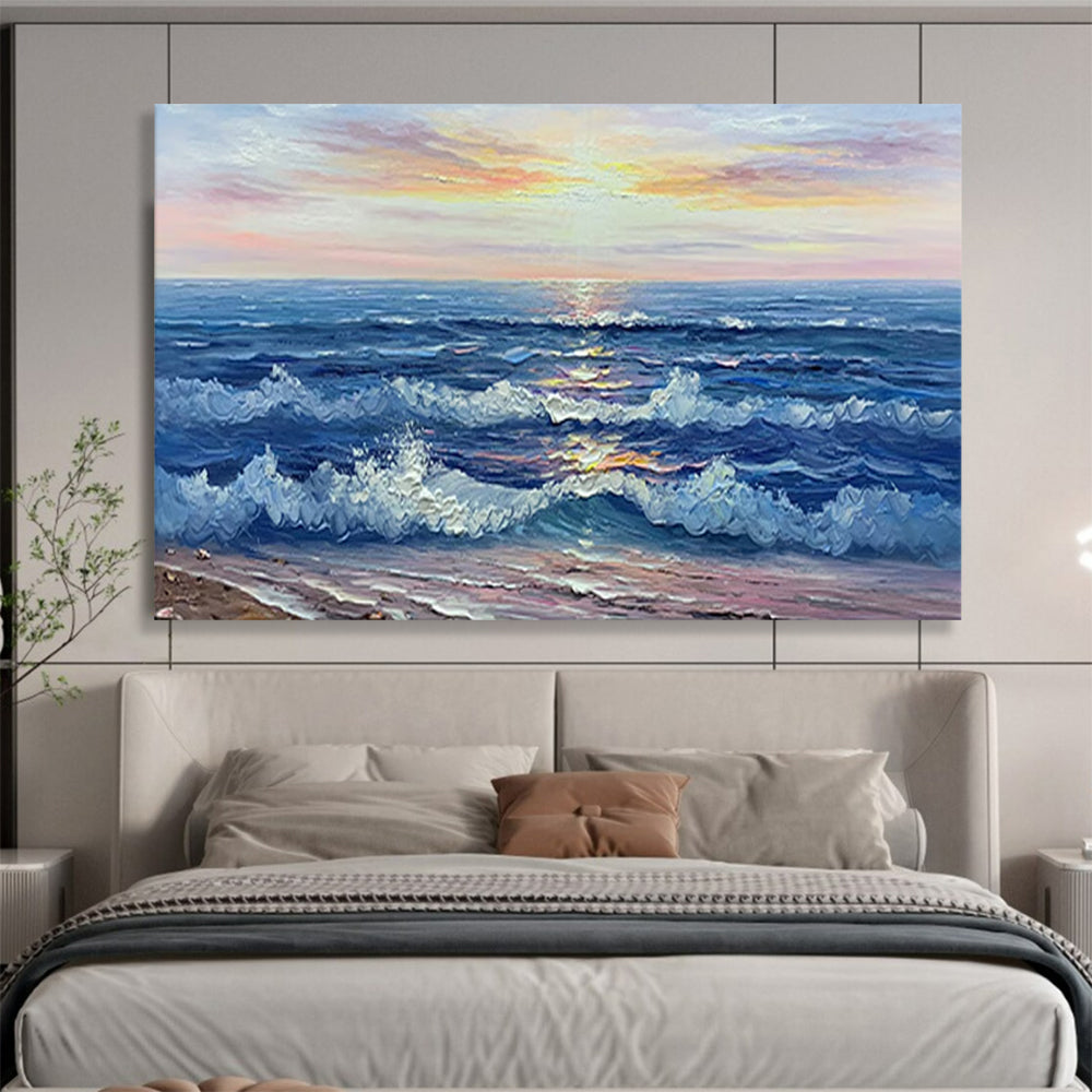 Sunset Sea Wave Oil Painting - Coastal Living Room or Bedroom Art DLZ218