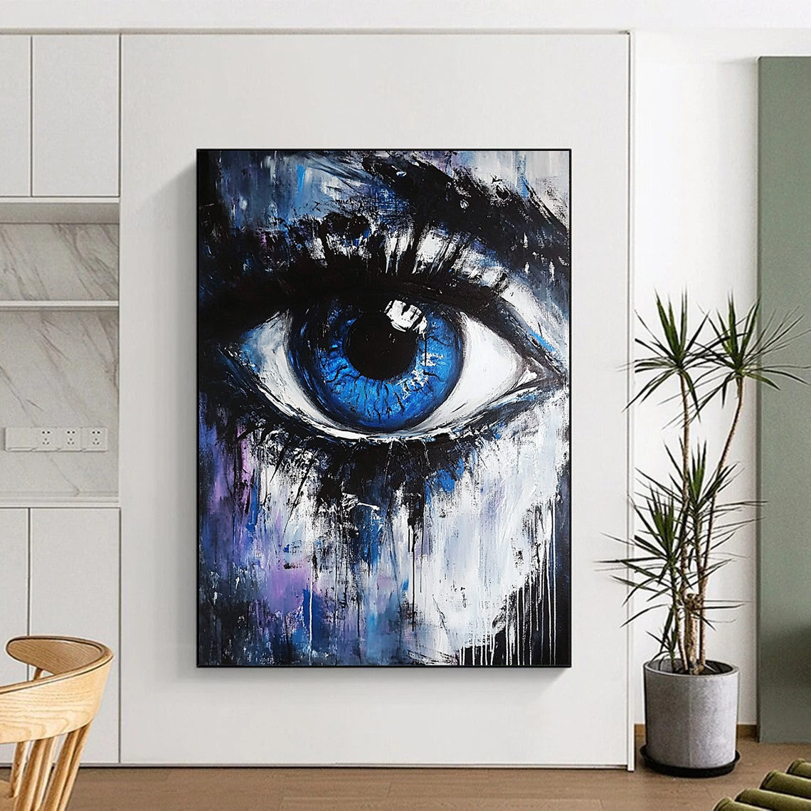 Contemporary abstract painting featuring a blue and white eye with black hints against a dark gray and light purple background, evoking emotional and magical themes. DLZ0952