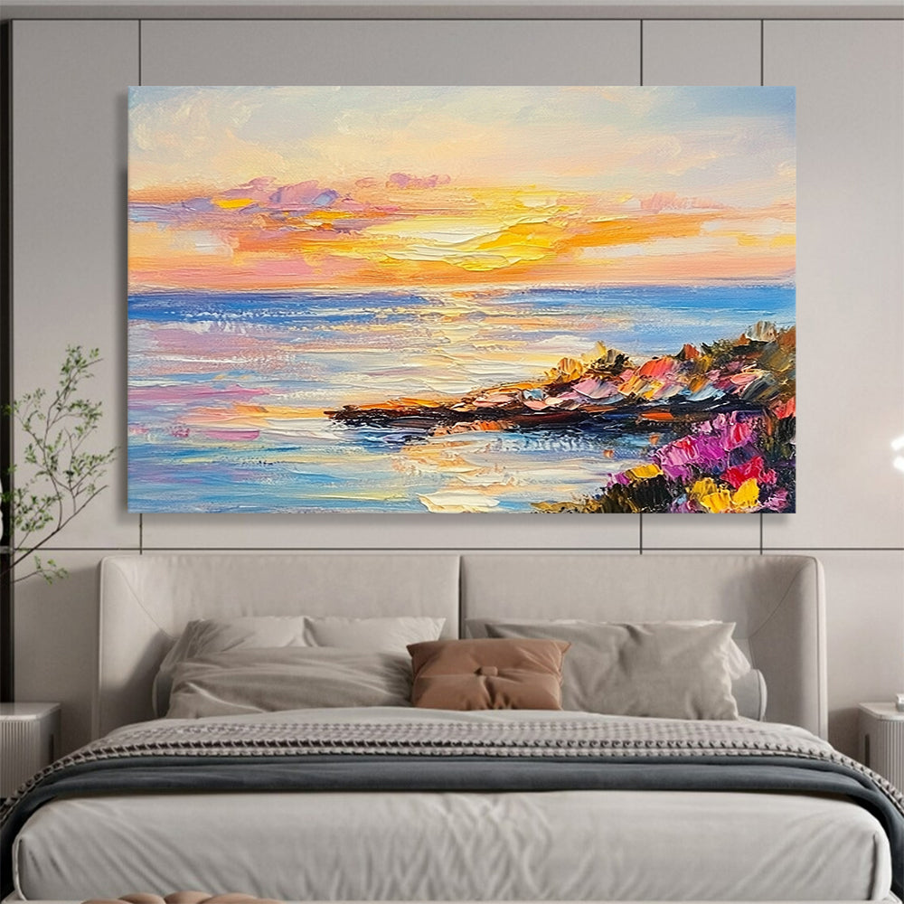 Colorful Coastal Sunset with Wildflowers - Impressionistic Seaside Painting On Canvas HB0442