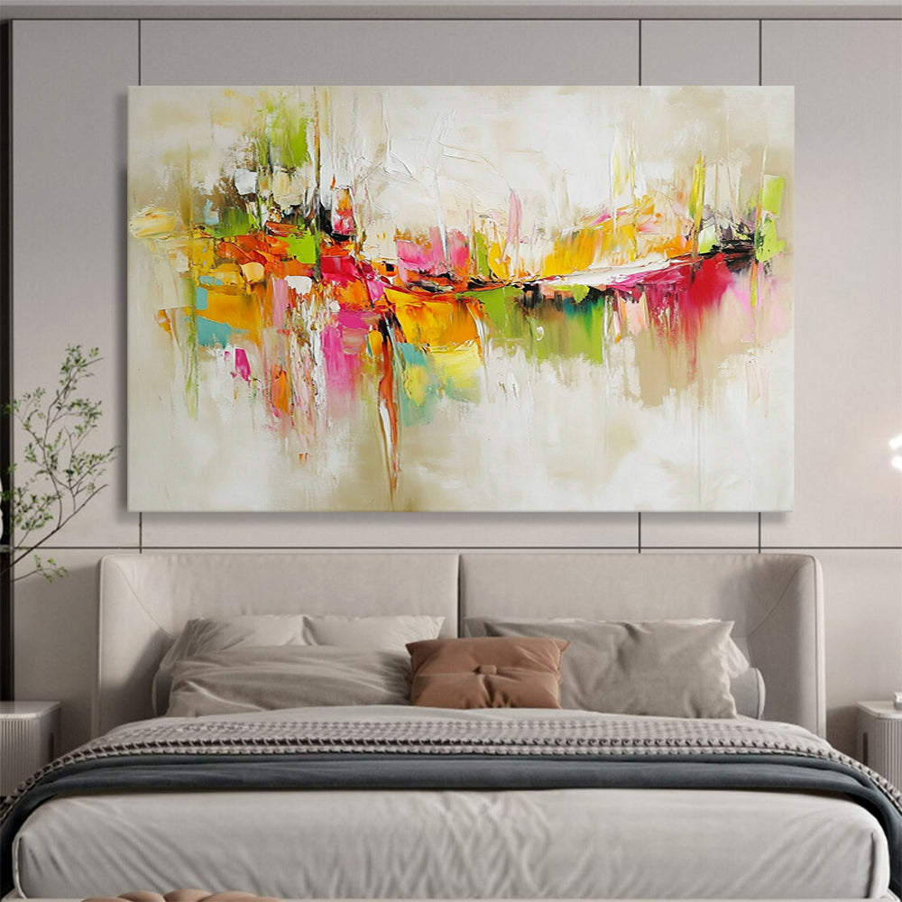 “Vibrant Abstract Cityscape” - Colorful, with hues of green, orange, pink, yellow; Abstract cityscape with thick brushstrokes; Oil Painting On Canvas HB1256