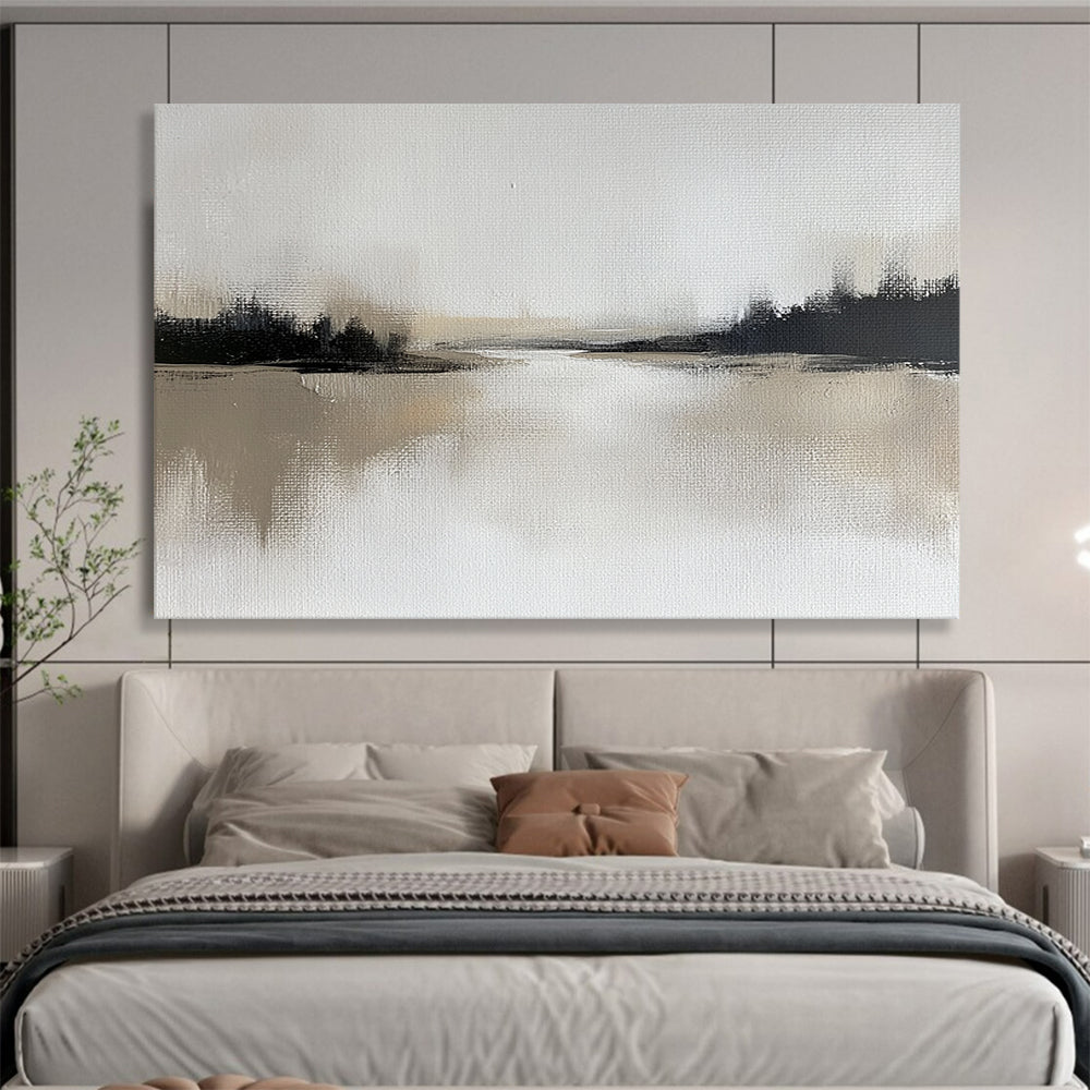 “Misty River in Monochrome” - Soft gray, deep black, beige, Minimalist Landscape Painting On Canvas HB0612