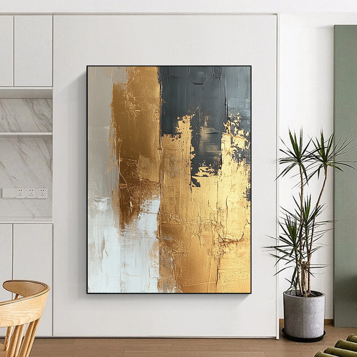 Contemporary abstract painting featuring textured gold foil on a beige and white canvas showcasing dynamic brushstrokes and a refined neutral palette. DLZ1019