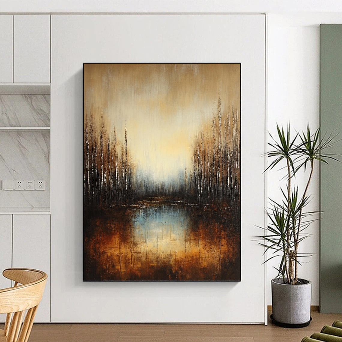 Large contemporary abstract painting featuring a deep brown and grey gradient with earthy orange hues and reflective water surrounded by soft blue trees. DLZ1294