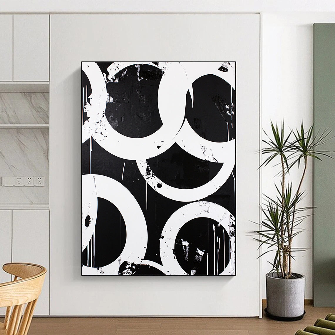 Black, White, Overlapping Circles "Graphic Circle Overlaps" Abstract Pop - Art Inspired Painting On Canvas HB173