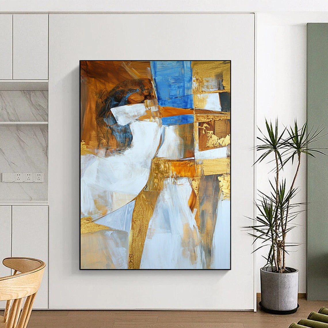 Contemporary abstract artwork featuring Apollo in white brown and blue with golden accents deconstructed in a unique artistic style. DLZ1001