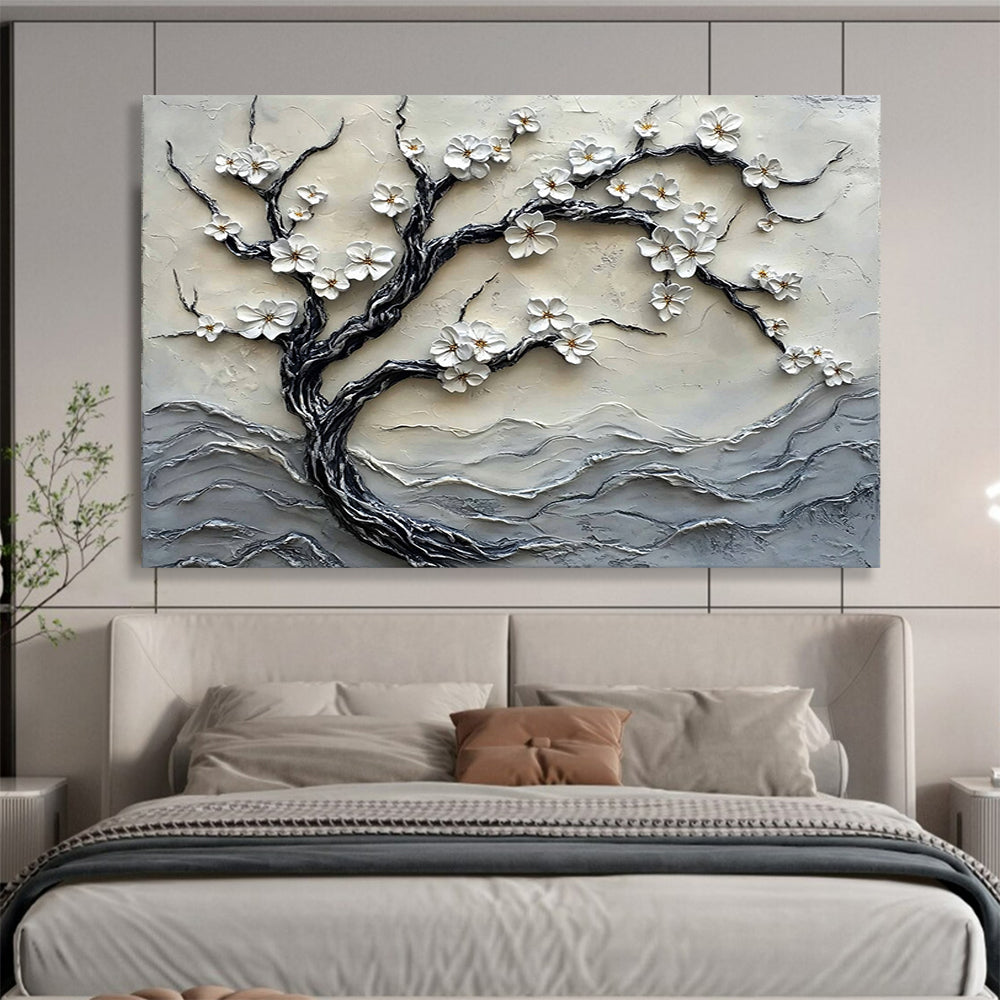 “White Blossom Tree Relief” - Whites, Grays, Textured Tree with Blossoms - 3D Relief Sculpture Painting HB1740