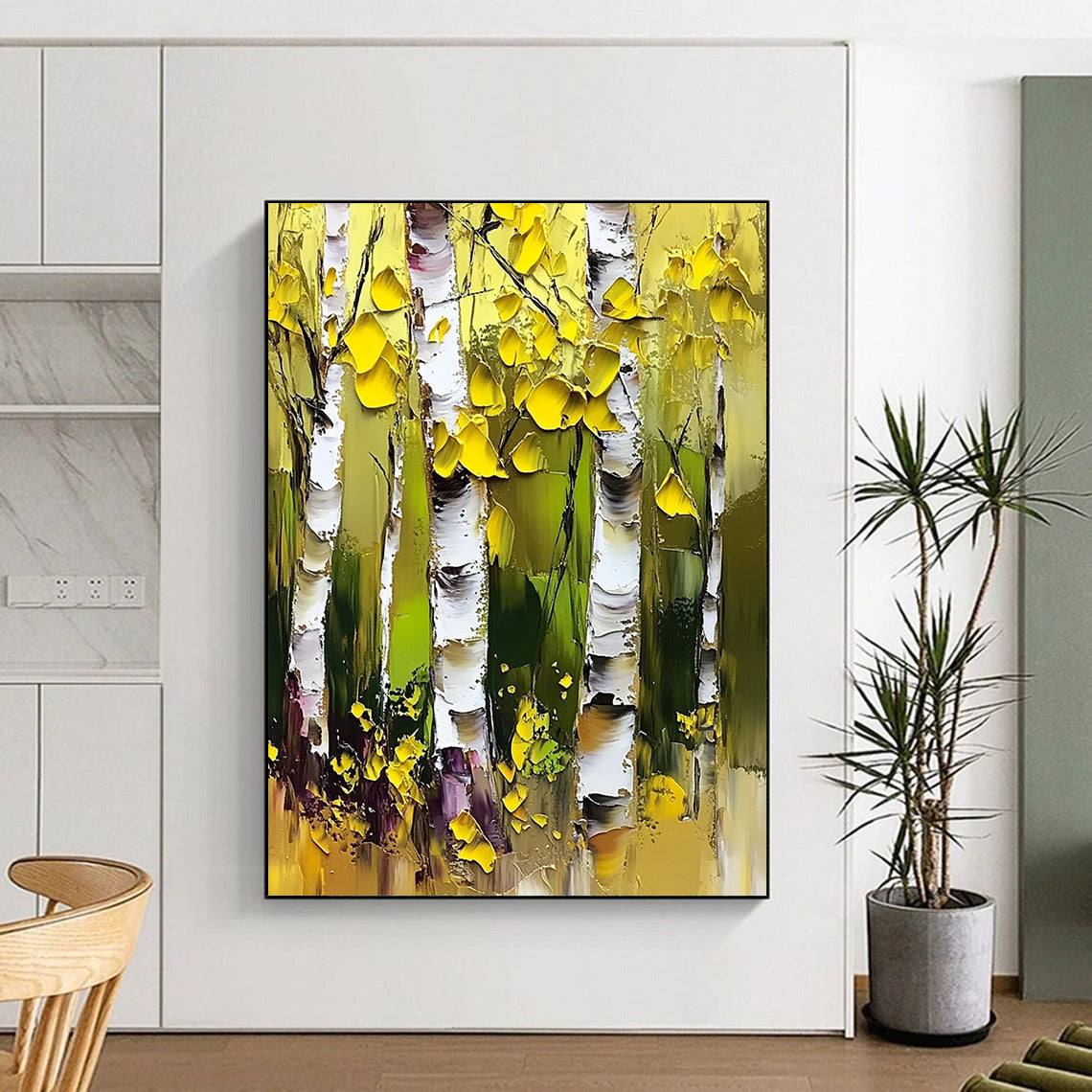 Contemporary abstract artwork featuring vibrant birch trees with thick brushstrokes, palette knife technique, and bright yellow and green foliage against striking white bark. DLZ1105