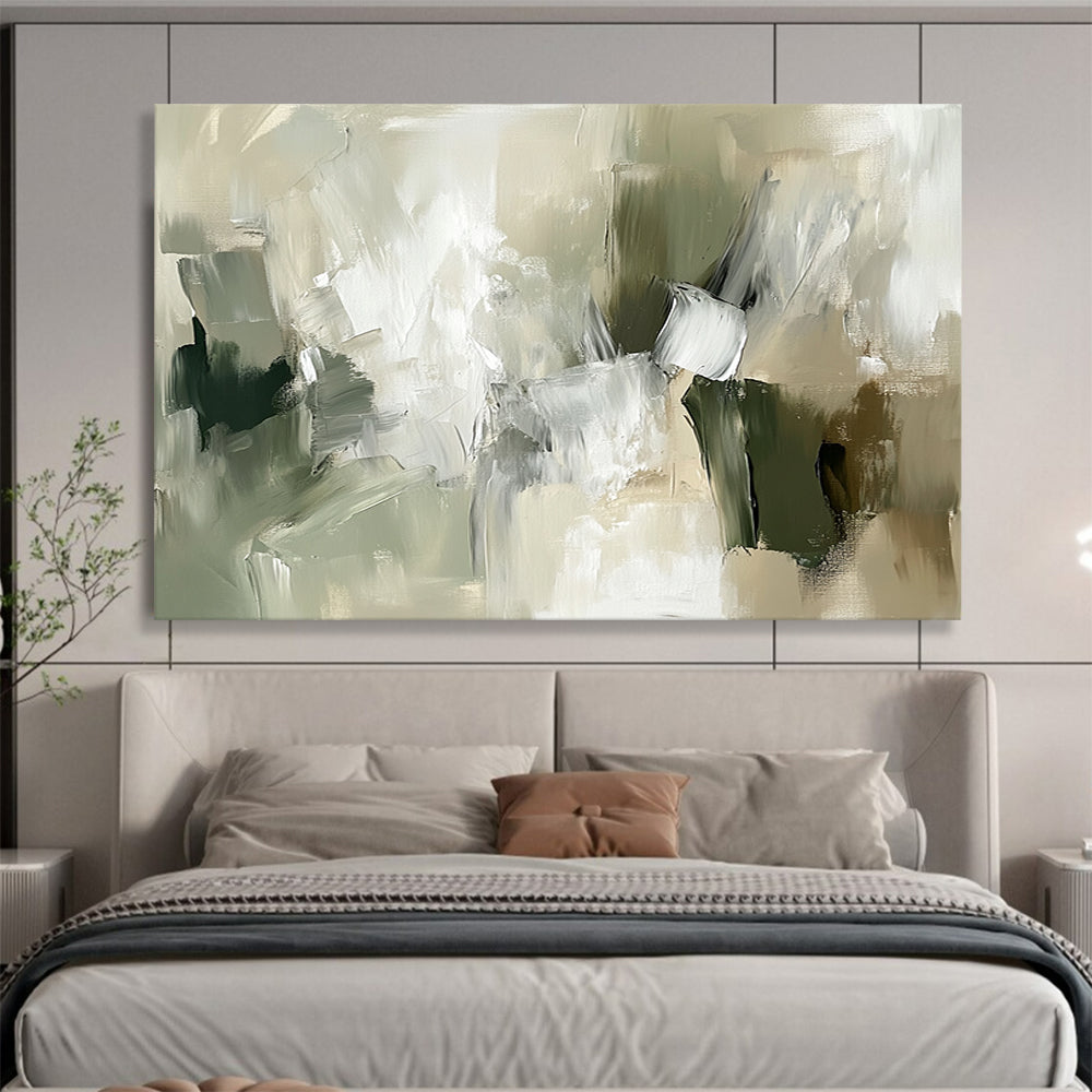 “Green and Beige Abstract Composition” - Green, beige, gray, white; Abstract composition with soft brushstrokes; Acrylic Painting On Canvas HB1265