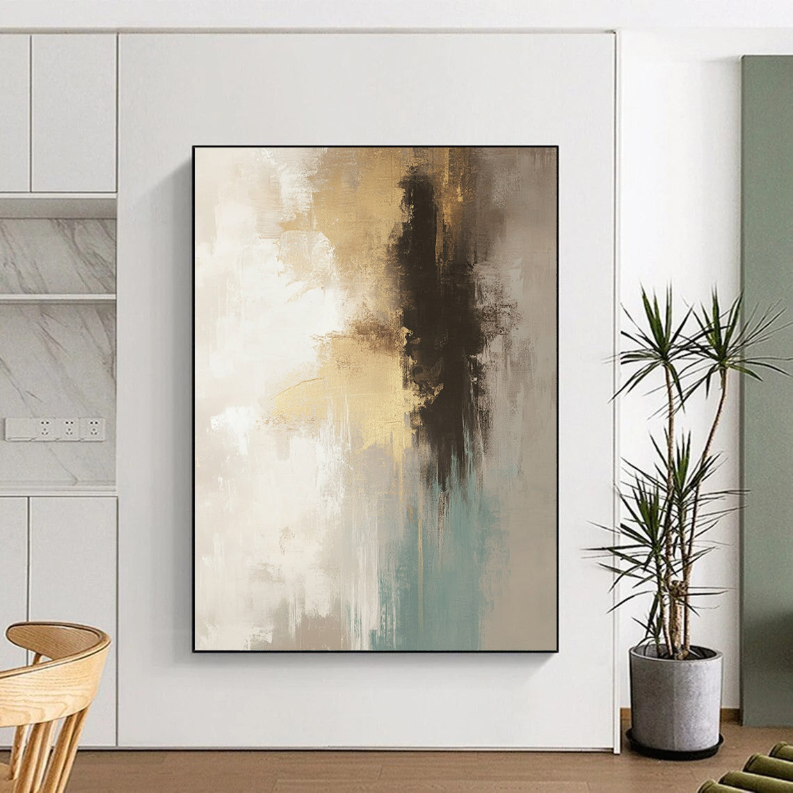 Contemporary hand-painted abstract art in neutral beige and gray tones with teal and gold accents soft brush strokes and atmospheric background. DLZ0760