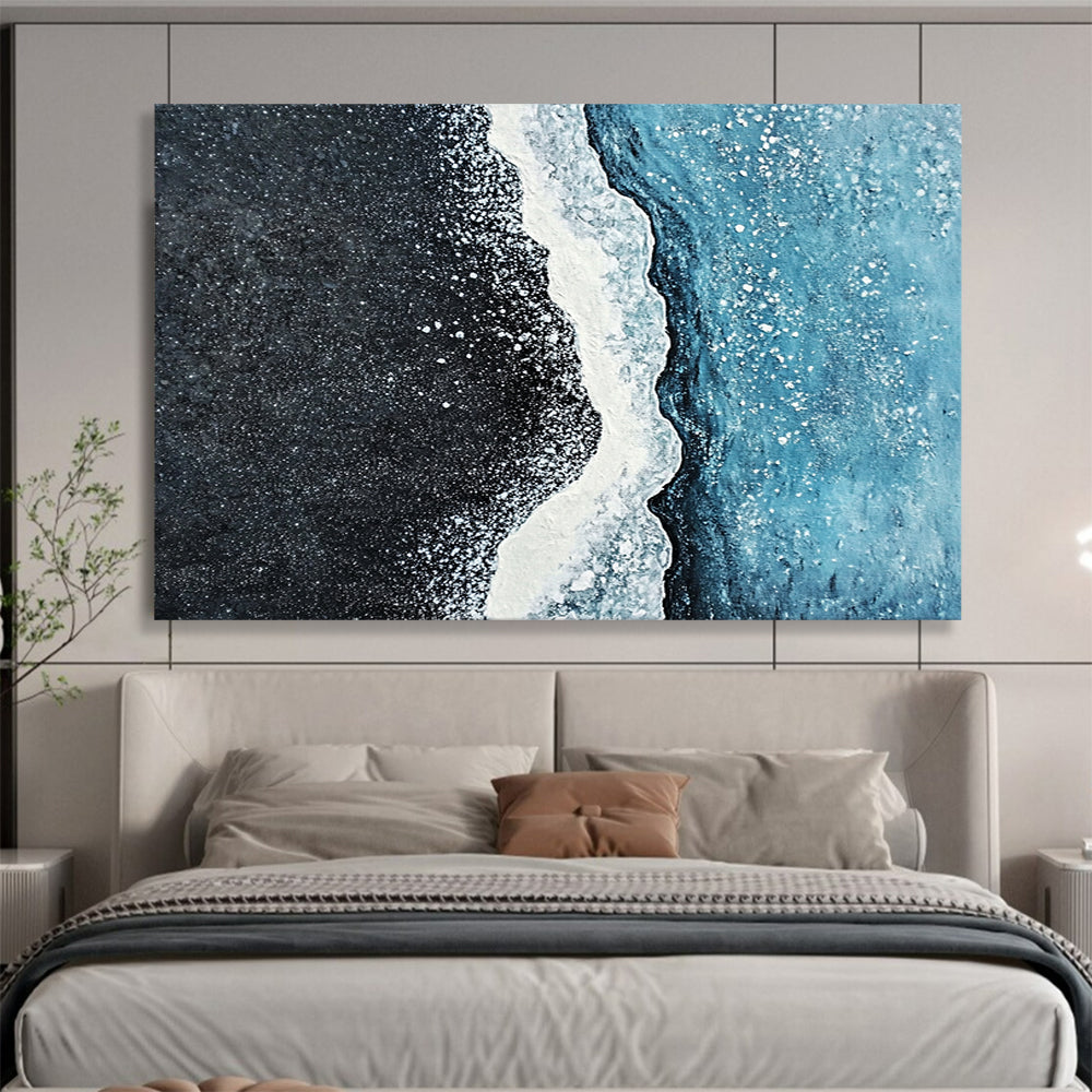 Black Beach with White Foam and Blue Sea - Coastal Abstract Painting On Canvas HB0486