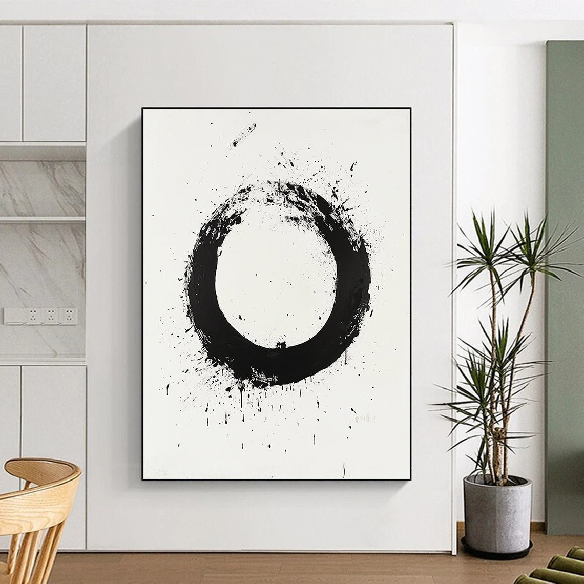 Black Circular Brushstroke with Splatter & Drip - “Classic Enso Expression” Painting On Canvas HB250