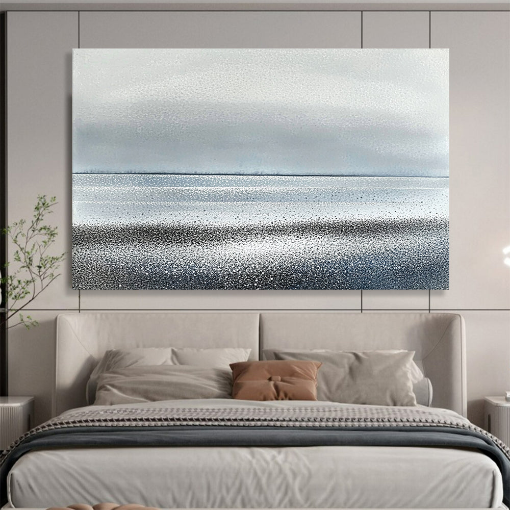 “Silver - Gray Dotted Horizon” - Silver, Gray, Dotted Coastal Lines Painting On Canvas HB0788