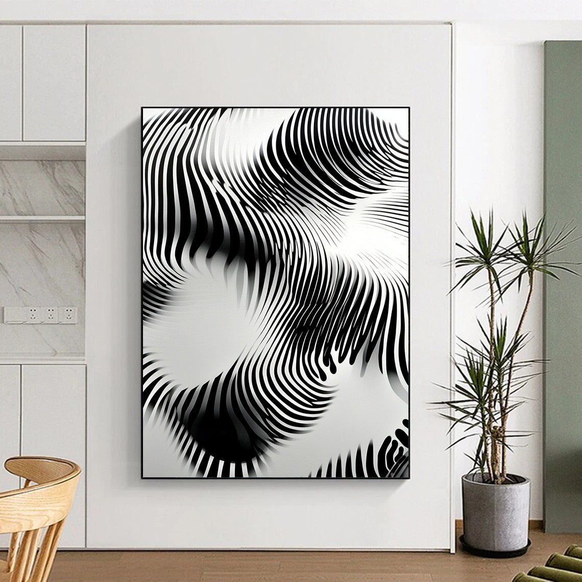 Black and White Wavy Lines "Optical Flow" Painting On Canvas HB263