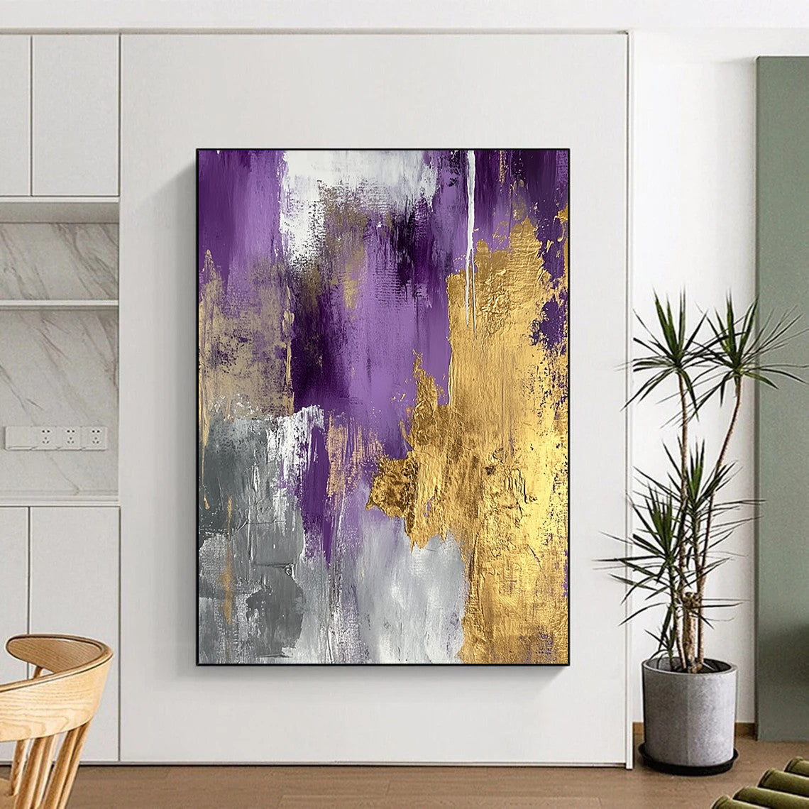 Contemporary hand-painted abstract art features gold and silver foil on a lilac palette, creating elegance and serene sophistication with metallic accents. DLZ0275