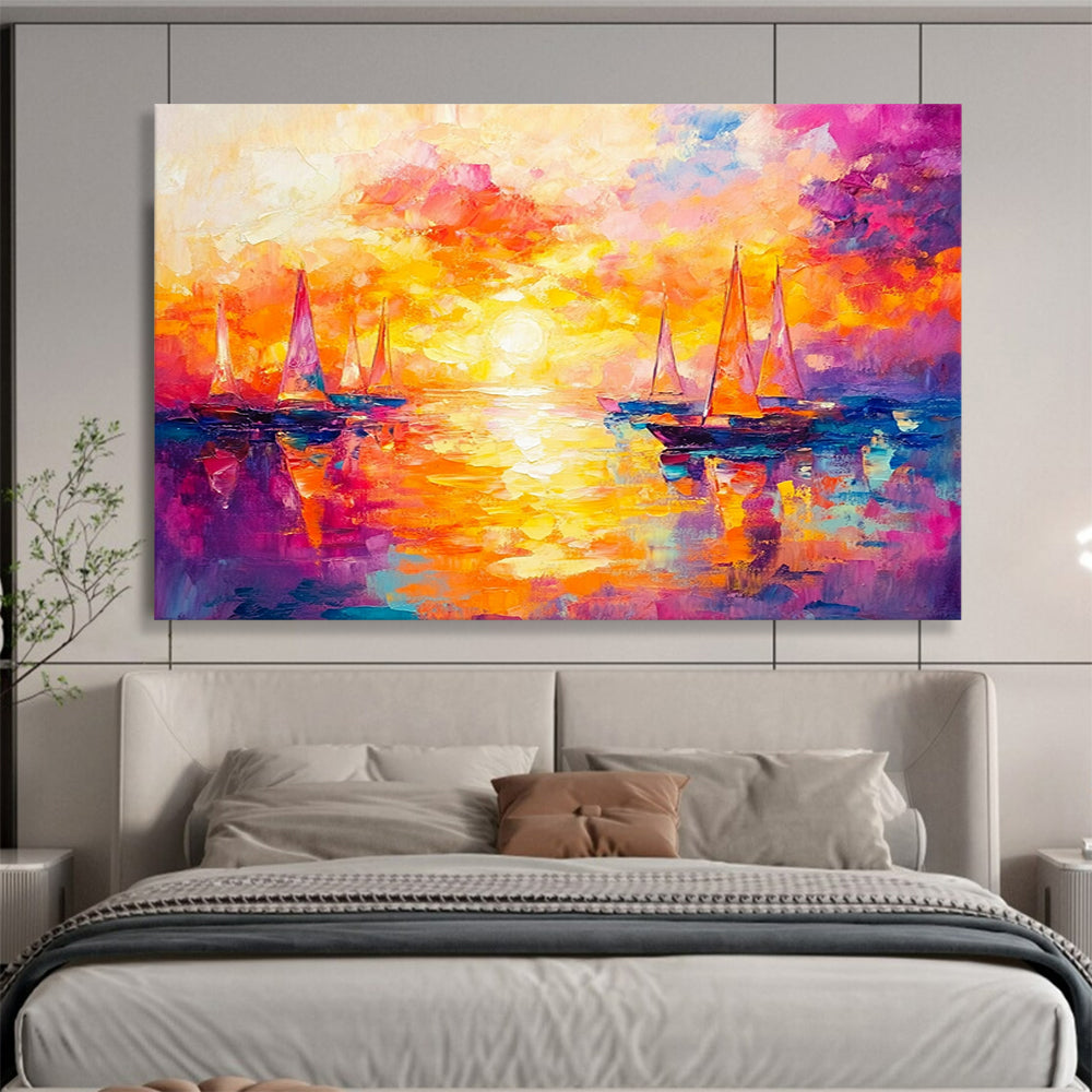“Sailboats in Fiery Sunset” - Orange, Pink, Purple, Sailboats on Water, Impressionist - style Painting On Canvas HB1098