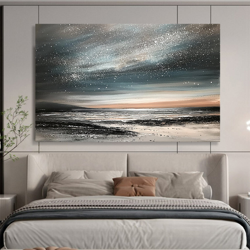 “Starry Night Coastal” - Black, Gray, Silver, Orange, Dreamy Night Sky & Sea Scenes Painting On Canvas HB1025