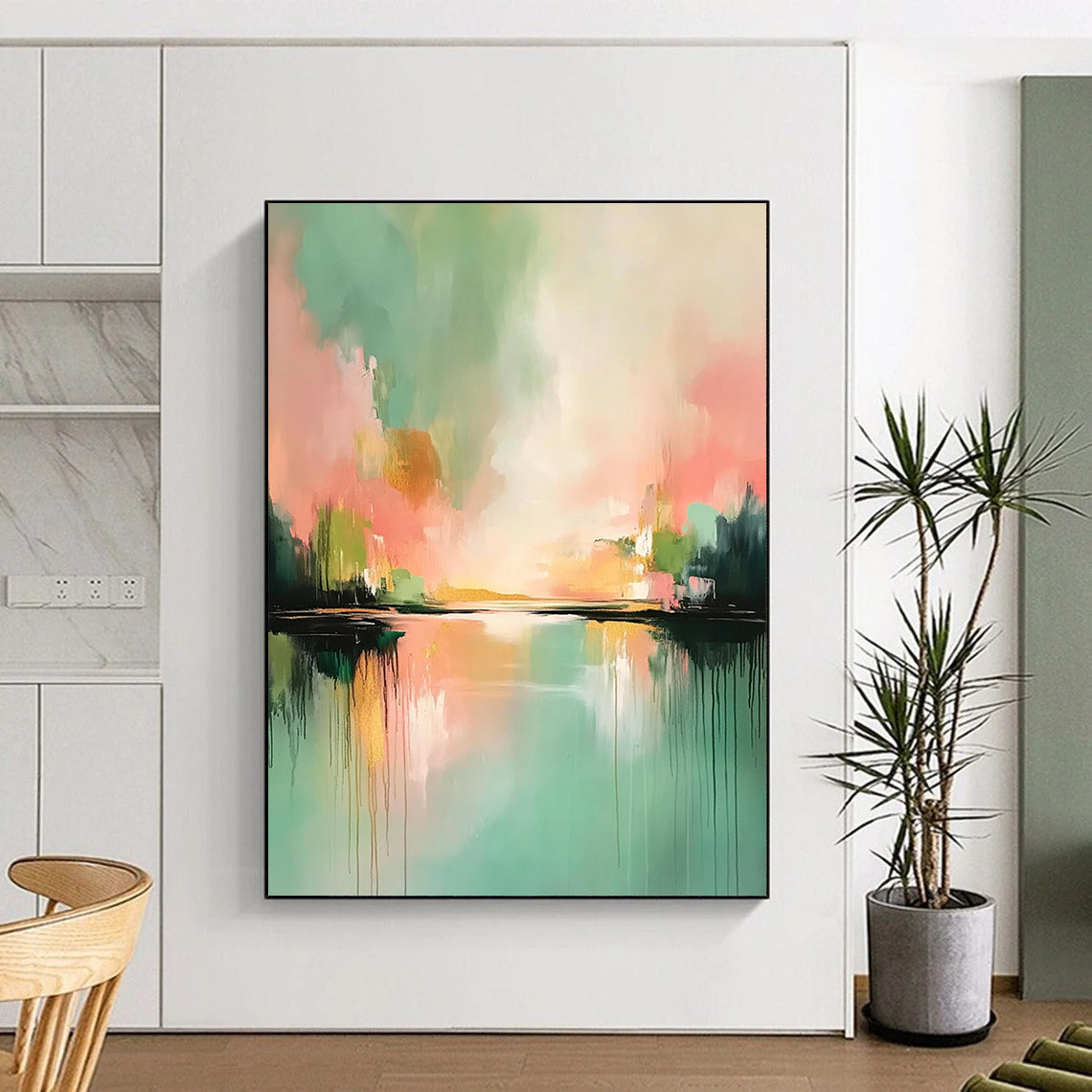 Contemporary abstract painting featuring soft pinks and greens with reflections on water atmospheric clouds and light gold highlights. DLZ0407