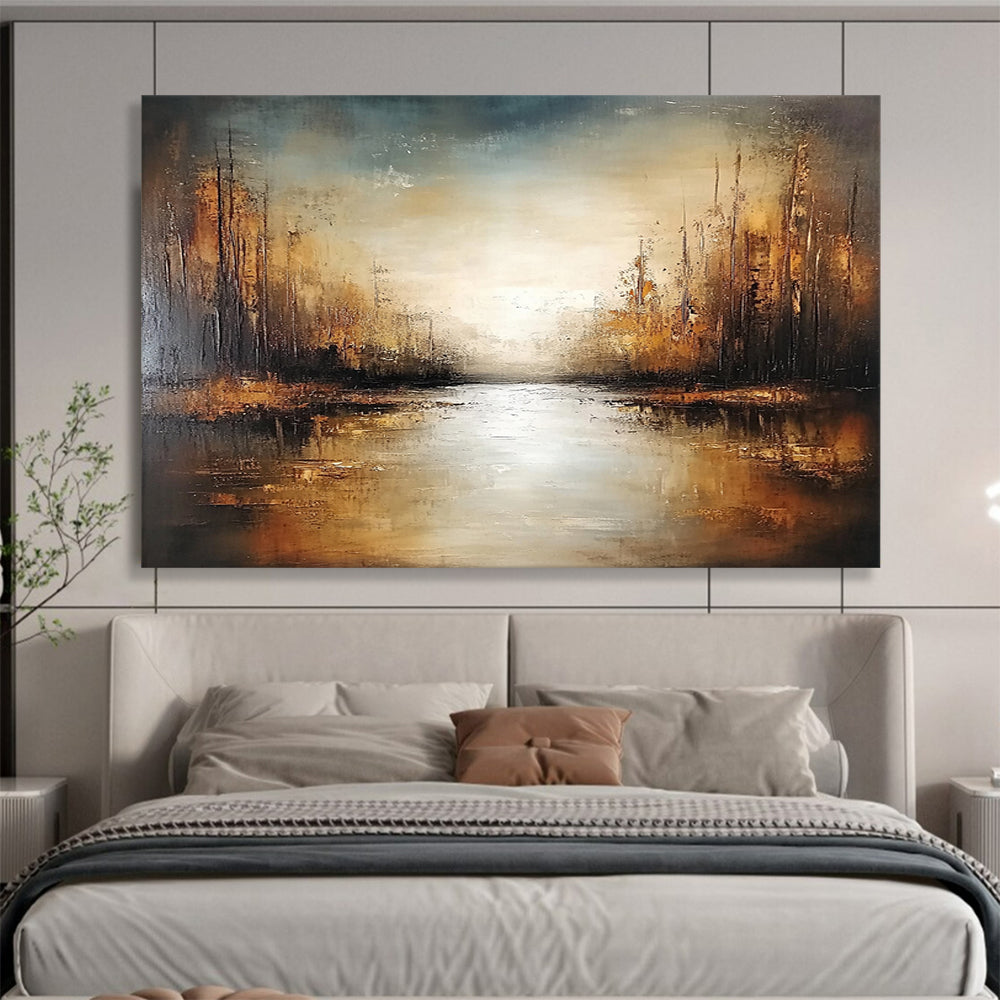 “Golden Forest Stream” - Brown, Gold, Gray, Sunlit Trees and Reflective Stream Painting On Canvas HB0929