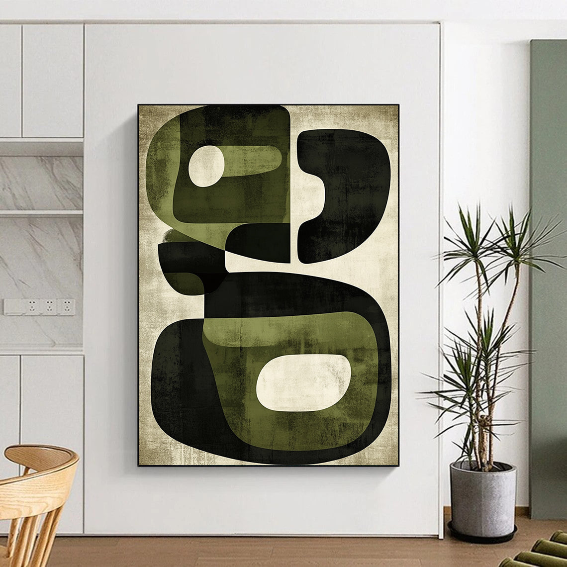 Contemporary hand-painted abstract art features organic shapes in olive green and black with a textured retro design reflecting mid-century modern aesthetics. DLZ0500