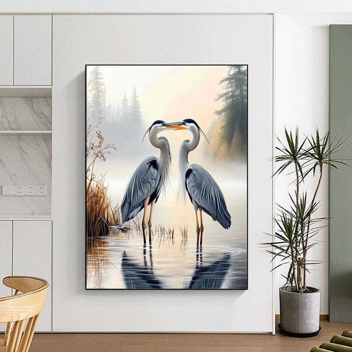 Contemporary hand-painted abstract art capturing two herons on a foggy lake with a lush forest backdrop, perfect for elevating any space. DLZ1718