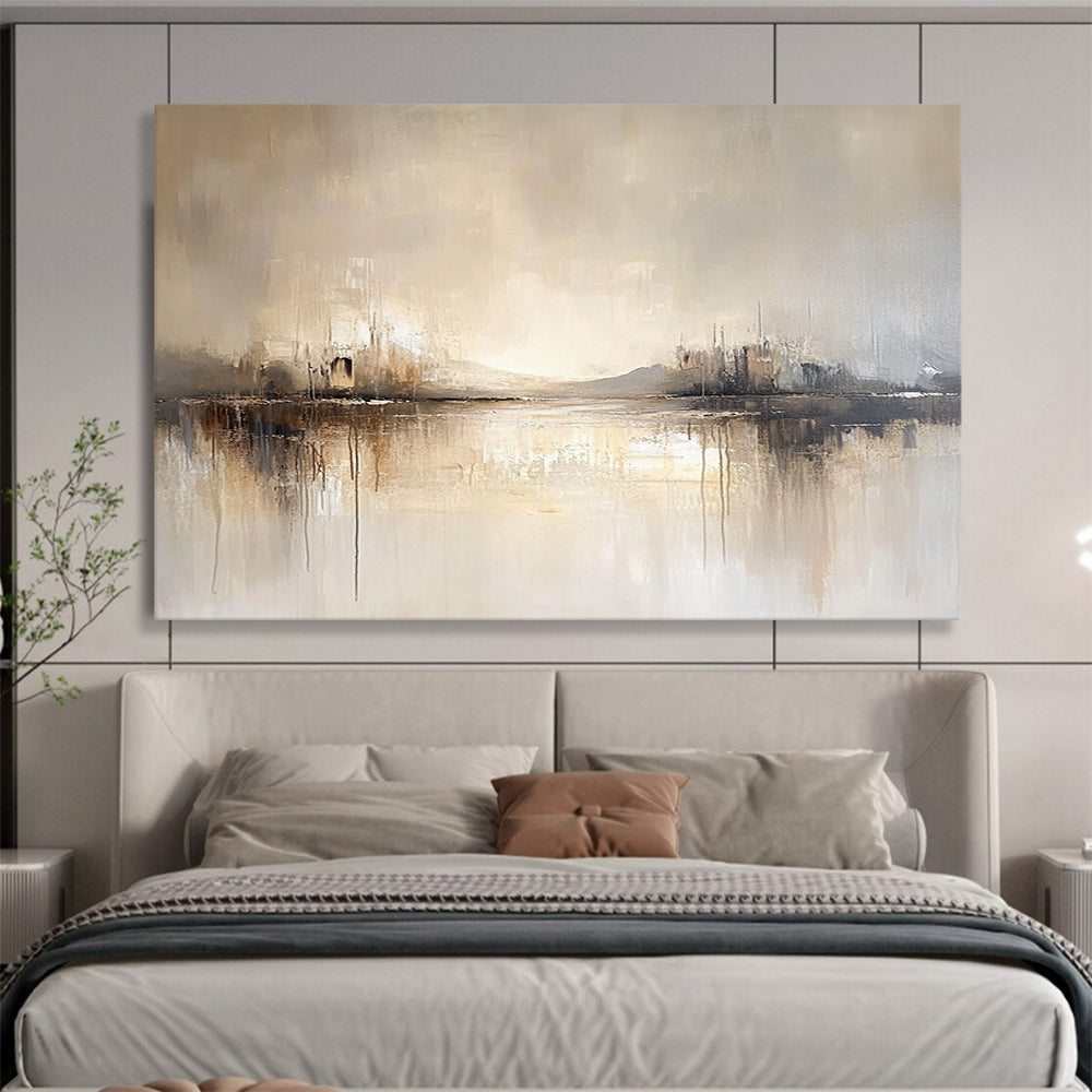 “Neutral Lake Reflection” - Beige, Gray, Subtle Peaks and Reflective Lake Painting On Canvas HB0931