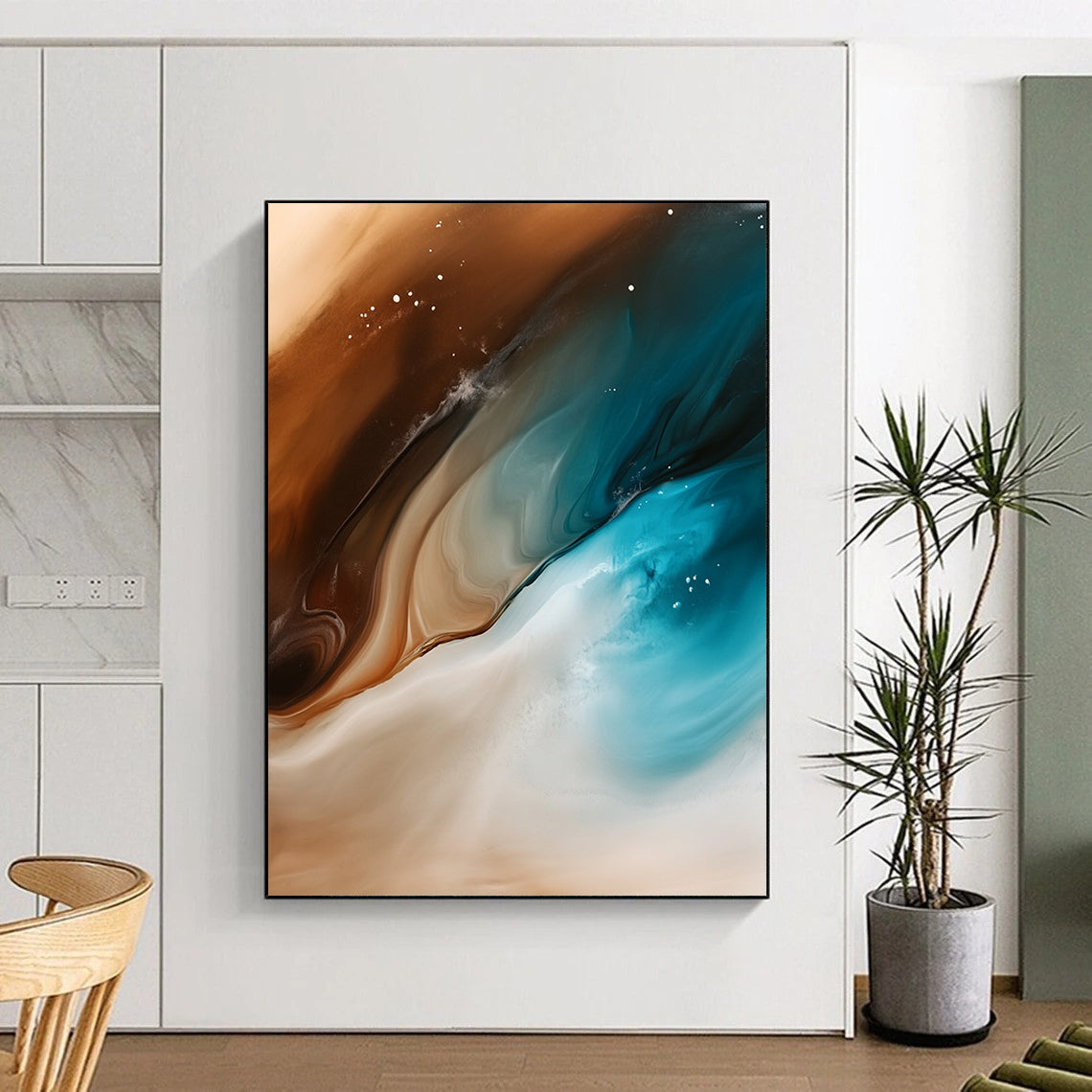 Contemporary abstract artwork features fluid shapes of sand and ocean waves in brown white teal and blue with smooth brushstrokes and a gradient background. DLZ0993