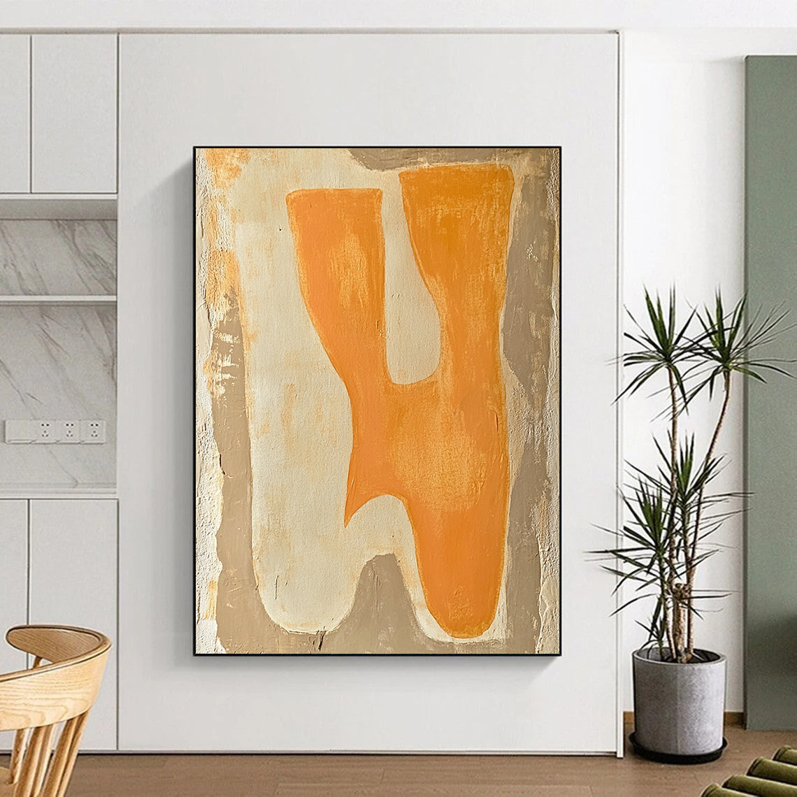 Contemporary abstract painting featuring minimalist boho style with terracotta and cream colors showcasing two animals on textured beige background. DLZ1609