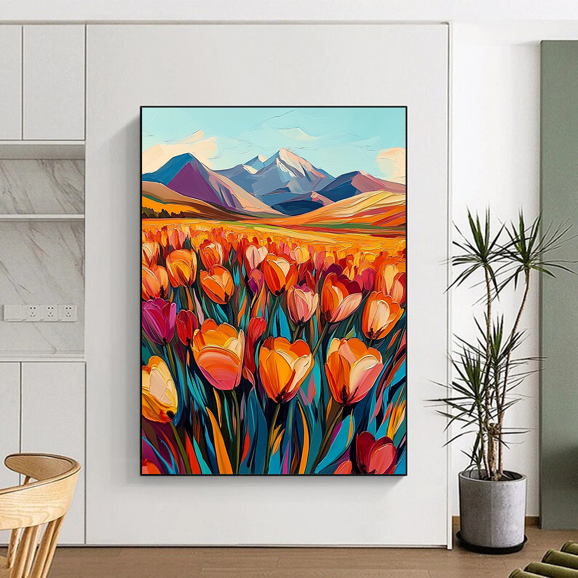 Contemporary vibrant abstract artwork featuring a field of tulips in orange and pink with majestic mountains in the background, evoking a sense of joy. DLZ1495