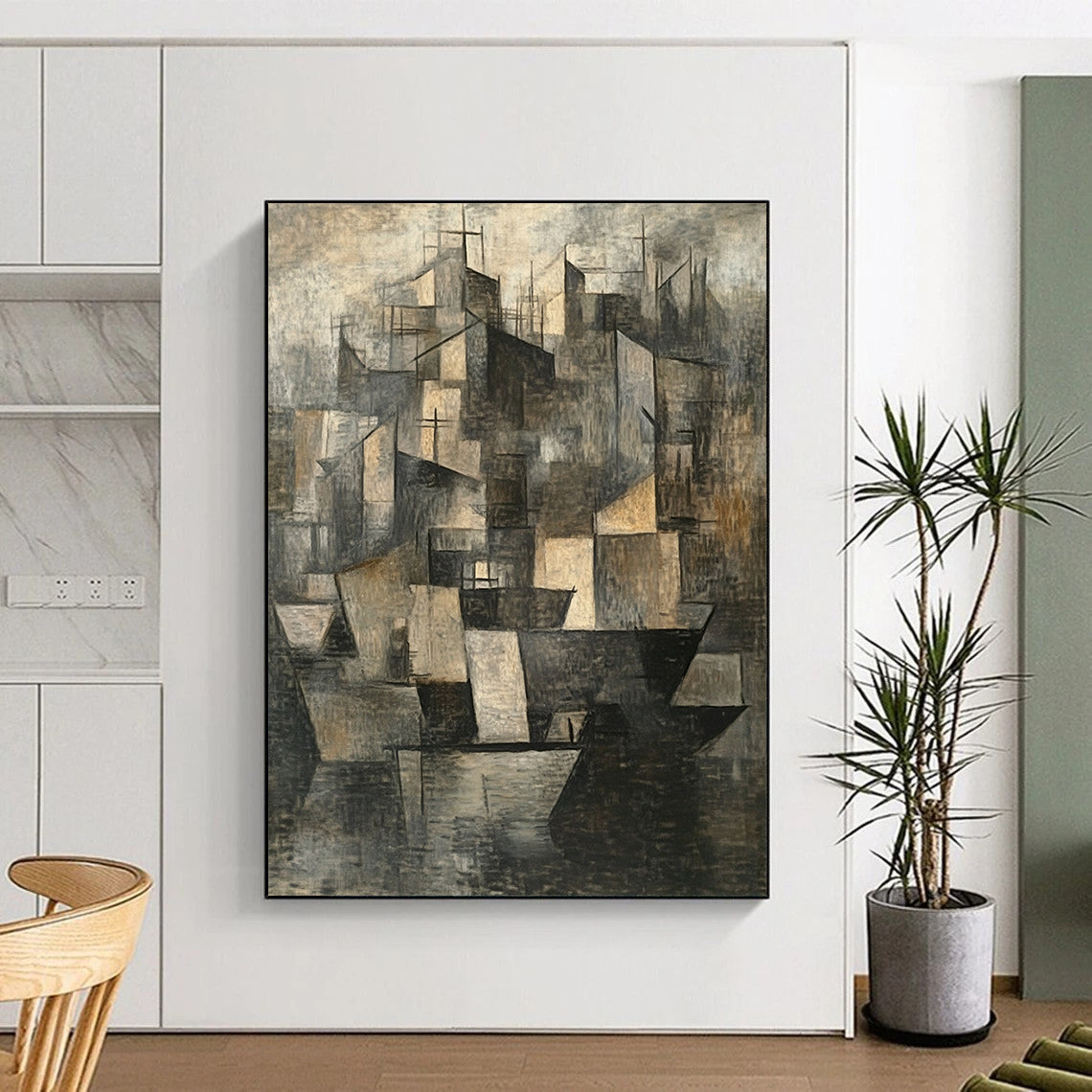 Gray, Brown and Black Cubist Cityscape "Urban Fragmentation" Painting On Canvas HB371