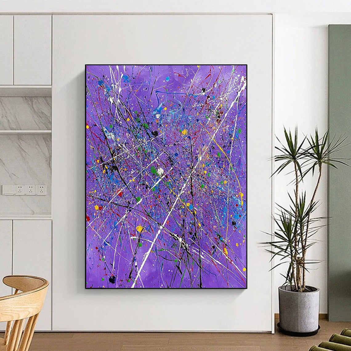 Contemporary abstract art features a vibrant purple backdrop with expressive white lines and colorful splatters, perfect for elevating any space. DLZ0720