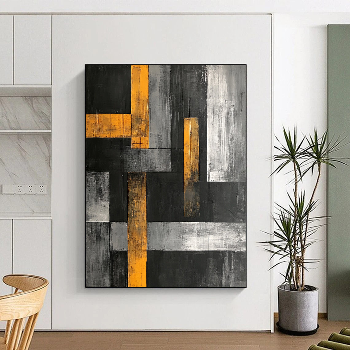 Black, Gray, White and Yellow Geometric Blocks "Urban Rhythm" Painting On Canvas HB351