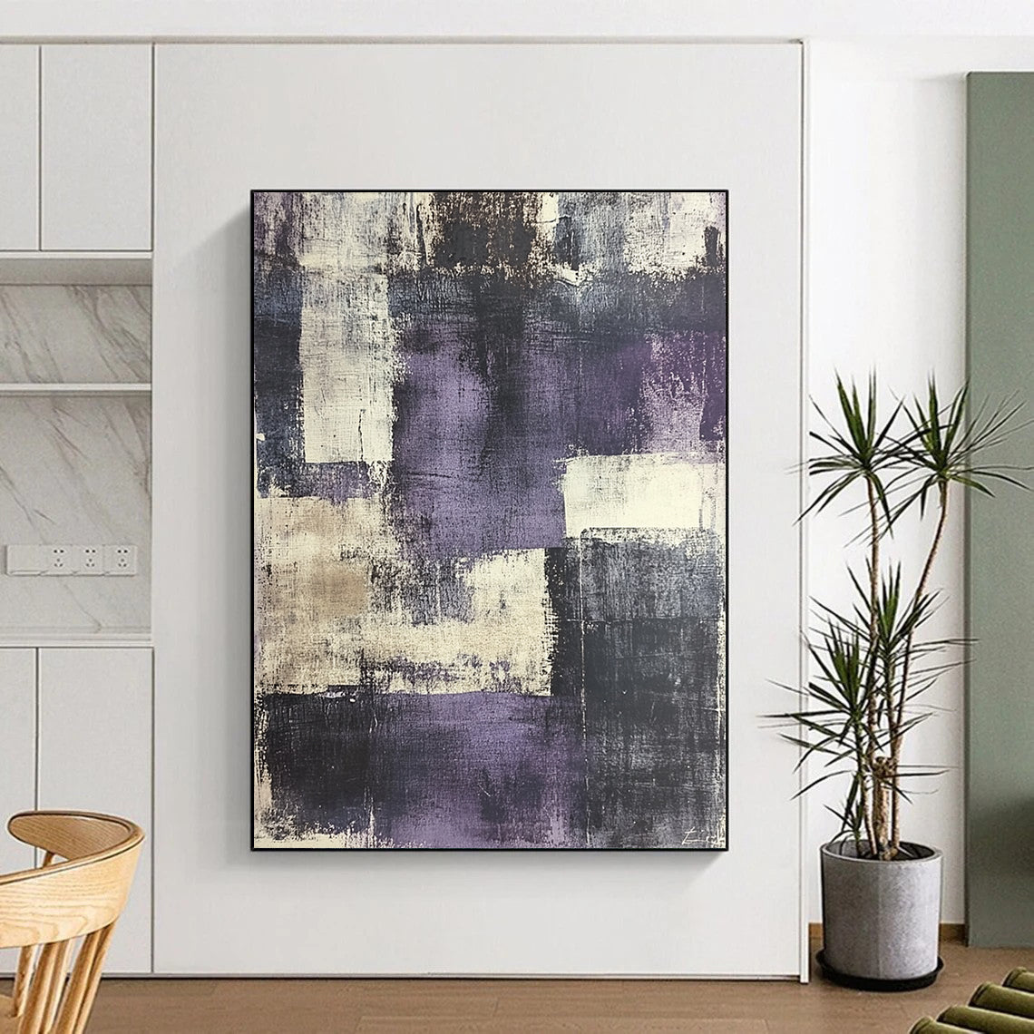 Contemporary abstract painting features urban landscape in grey and purple tones with distressed textures and vintage papers for a unique artistic touch. DLZ0589