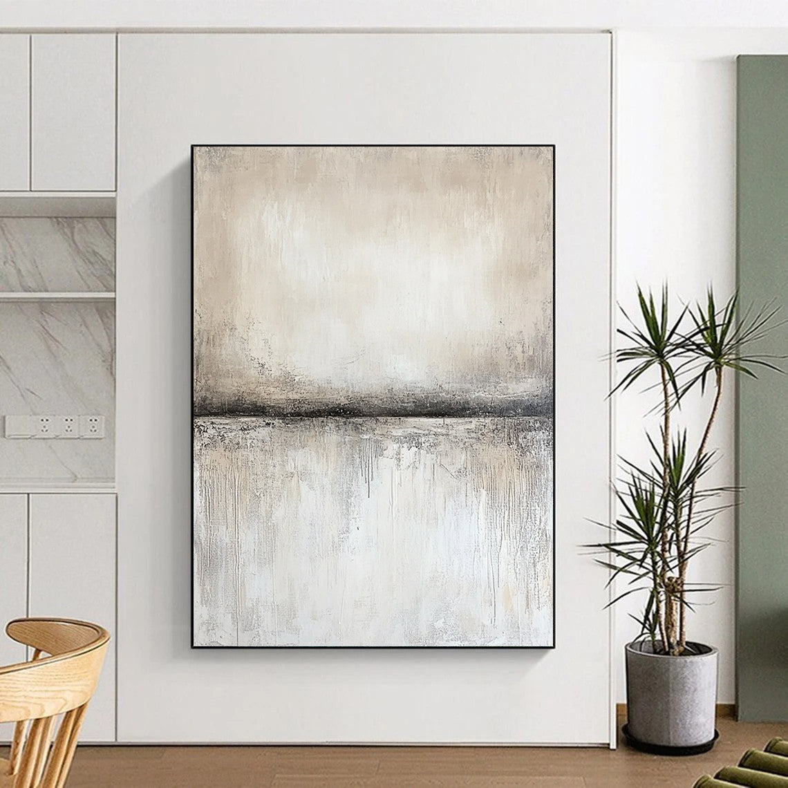 Contemporary abstract artwork features textured canvas in neutral gray and beige, with soft gradients and a central empty space showcasing subtle movement and light. DLZ0877