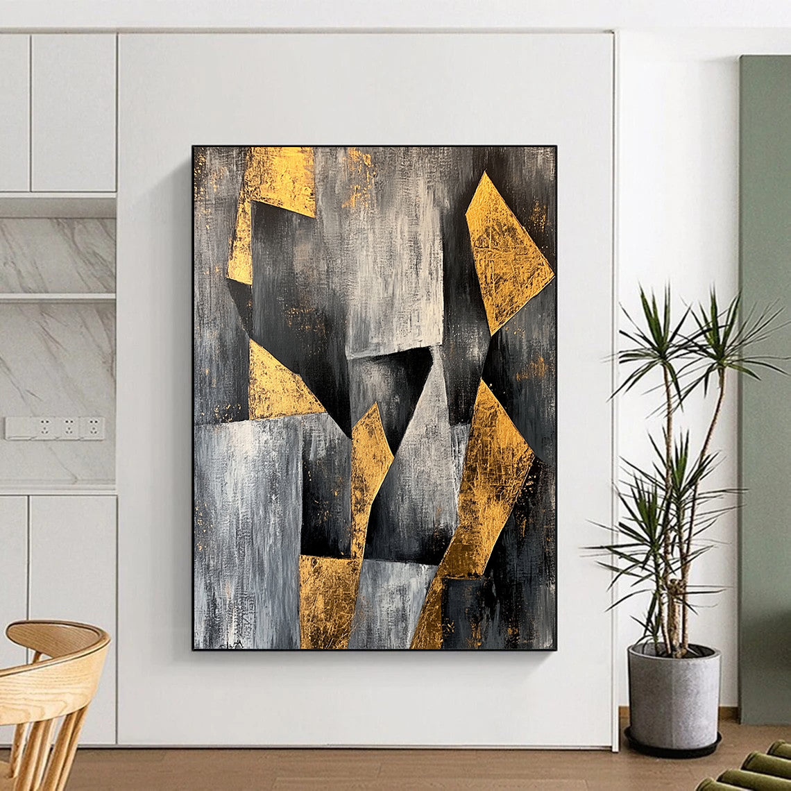 Gray, Black, White, Gold, Angular Shapes "Golden Structure" Abstract Modernist Painting On Canvas HB080