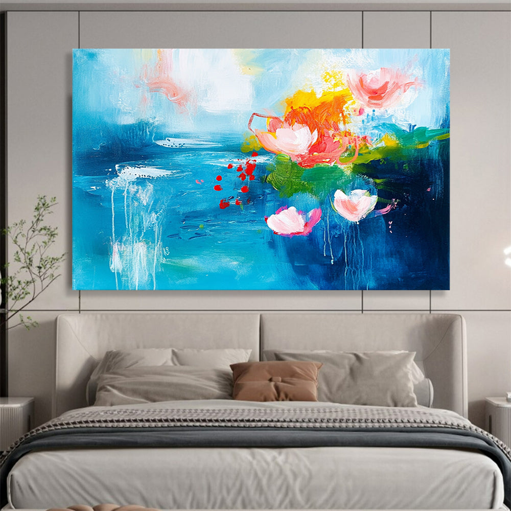 “Dreamy Blue with Pink and Orange Floral Abstractions” - Blue, pink, orange, green; Abstract floral shapes on a blue background; Acrylic Painting On Canvas HB1233