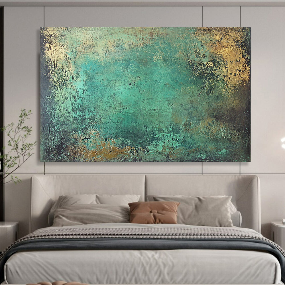 “Teal - Gold Textured Canvas” - Vibrant teal with gold accents, Textural Abstract Painting On Canvas HB0550