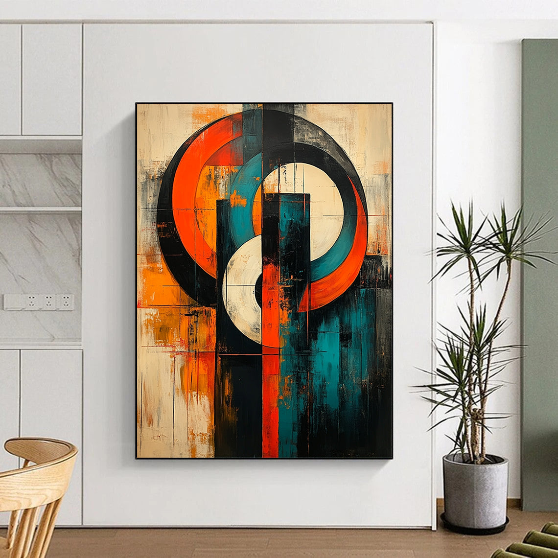 Bold contemporary abstract artwork featuring large circles and geometric lines in vibrant orange teal blue white black red and grey on canvas texture. DLZ1037