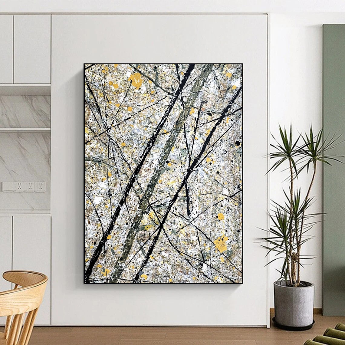 Large contemporary hand-painted abstract artwork features gray and yellow splashes alongside intricate black lines representing tree branches. DLZ1587