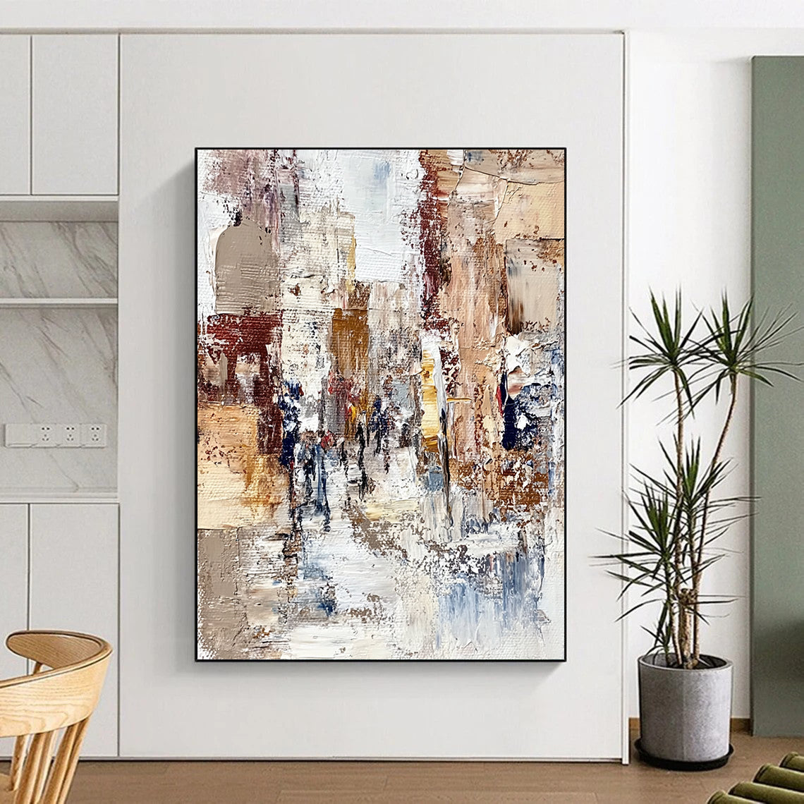 Contemporary hand-painted abstract artwork featuring textured streets and figures in an old European city with rich colors and intricate details. DLZ1005