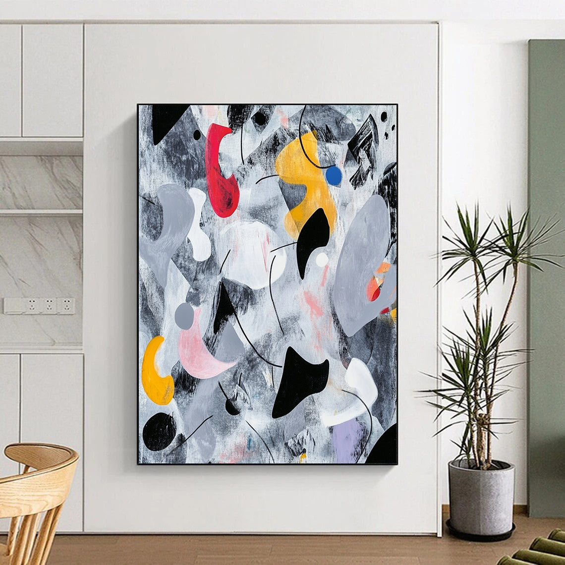 Black, Gray, White, Red, Yellow, Blue and Pink Abstract Melange "Whimsical Dreamscape" Painting On Canvas HB330