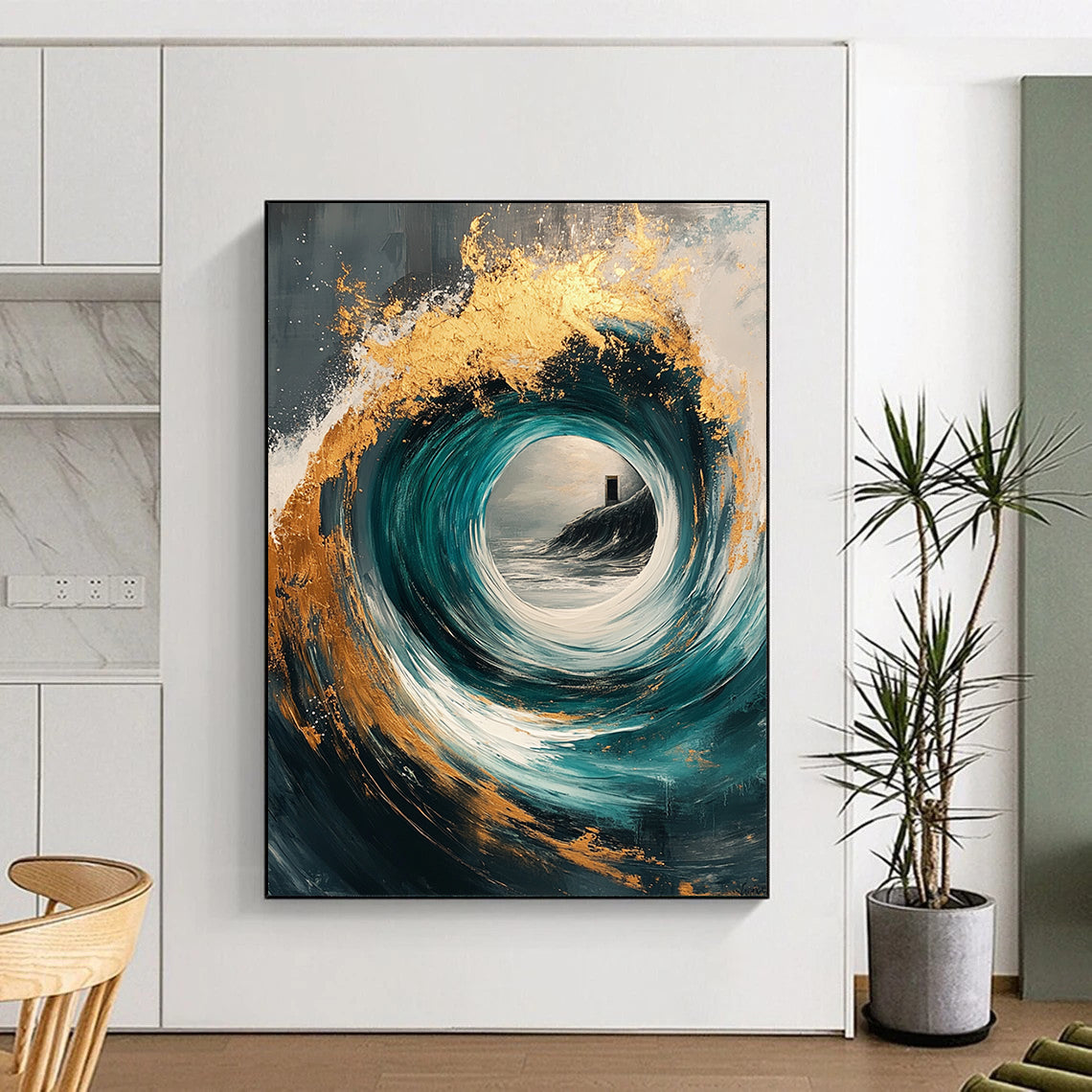 Contemporary abstract painting with gold and teal swirls, magical windows, on a textured gray canvas, perfect for modern decor. DLZ0370