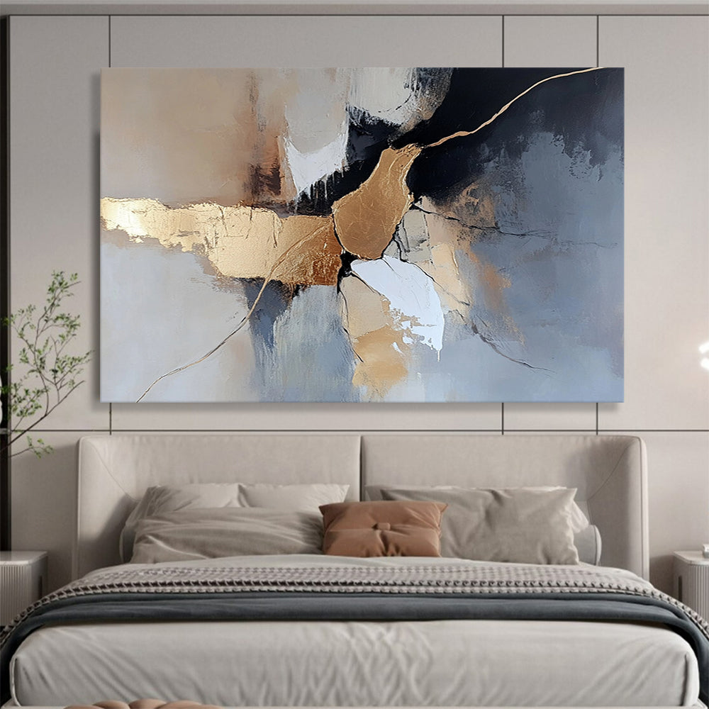 “Gold - Accented Abstract Forms” - Gold, Gray, White, Abstract Forms Painting On Canvas HB0995