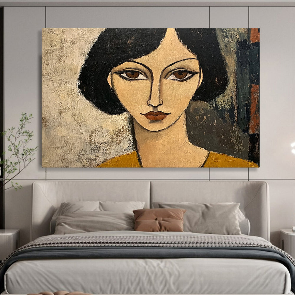 “Stylized Woman’s Portrait” - Black, Beige, Brown, Minimalist Female Face - Cubist - Inspired Acrylic Painting HB1699