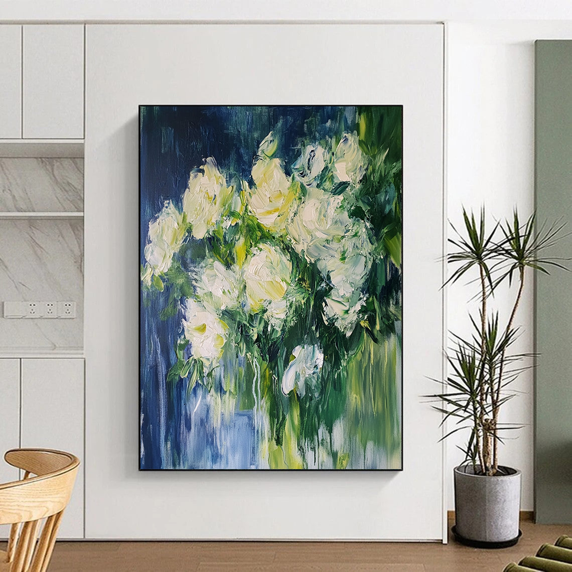 Contemporary hand-painted abstract artwork featuring white roses with dynamic brushstrokes on dark blue, accented with green for depth and movement. DLZ1751