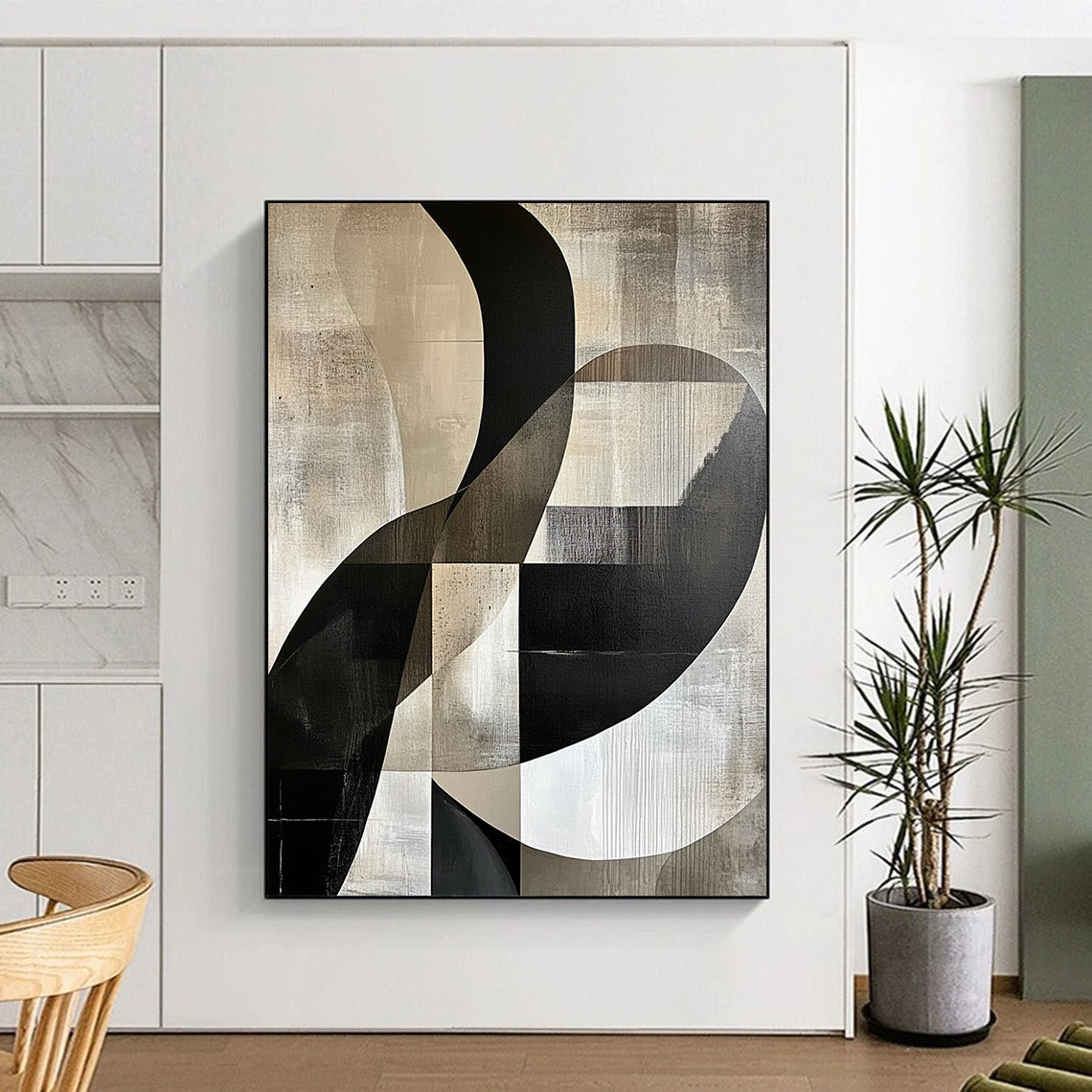Large contemporary handcrafted abstract painting featuring gray beige and black tones with white accents smooth curves and geometric forms emphasizing negative space and light-shadow interplay. DLZ1371
