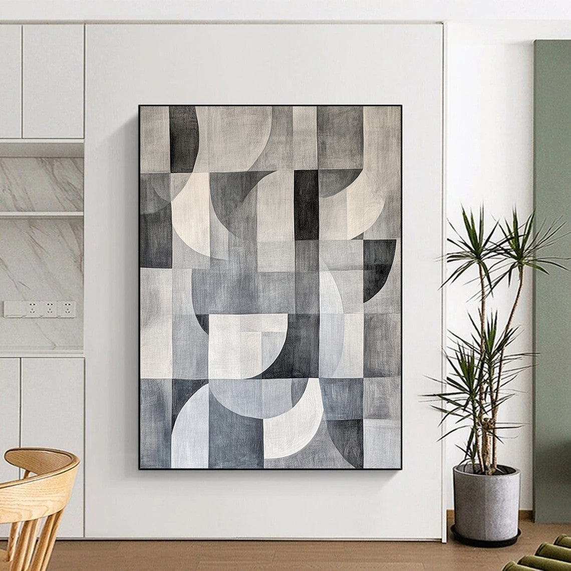 Gray, Black and White Geometric Circles and Squares "Monochrome Harmony" Painting On Canvas HB370