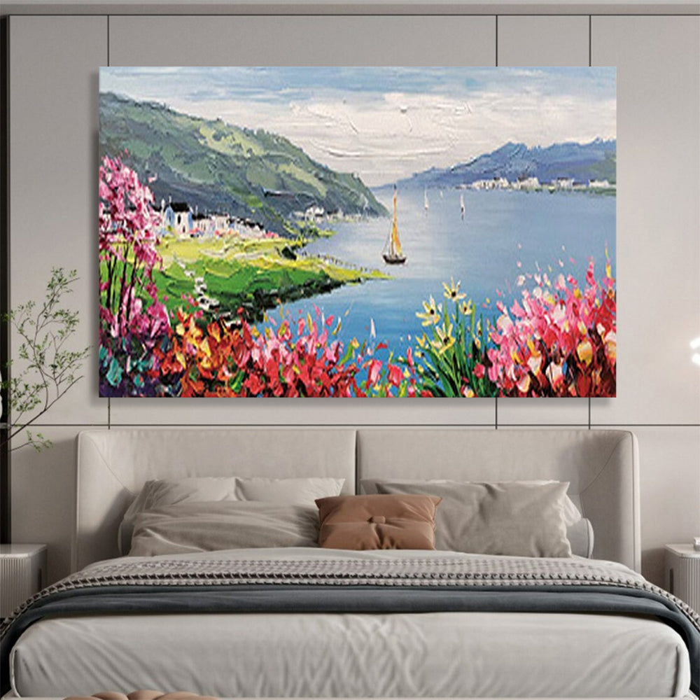 Lakeside Village with Sailboat - Romantic Living Room or Bedroom Art DLZ209