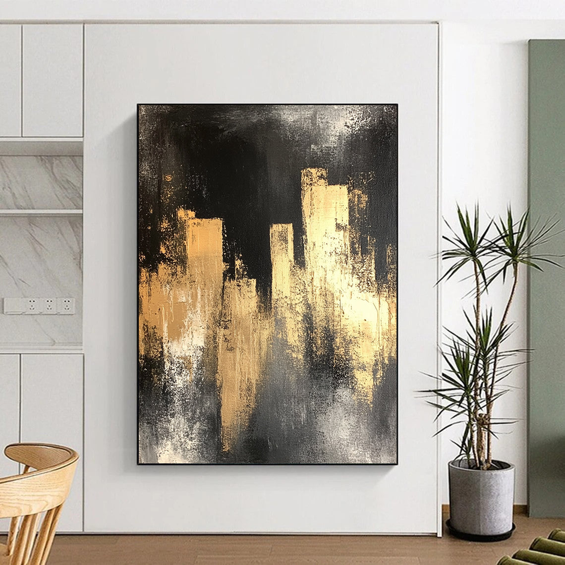 Contemporary hand-painted abstract art featuring a black silhouette of city lights with gold and silver hues on a distressed dark grey background. DLZ0901