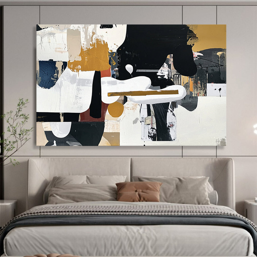 “Collage - like Abstract” - Black, White, Gold, Brown with Mixed Media - Abstract Mixed Media HB1360