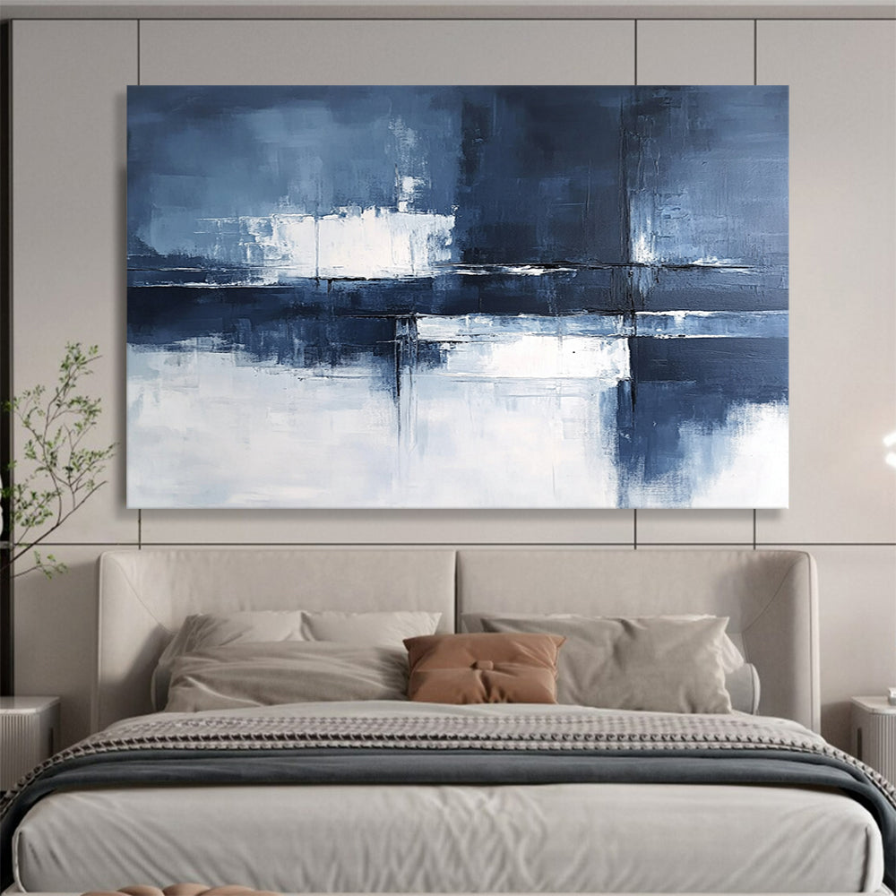 “Blue - Gray Abstract Geometric Reflections” - Blue, Gray, White, Geometric Reflections Painting On Canvas HB0831